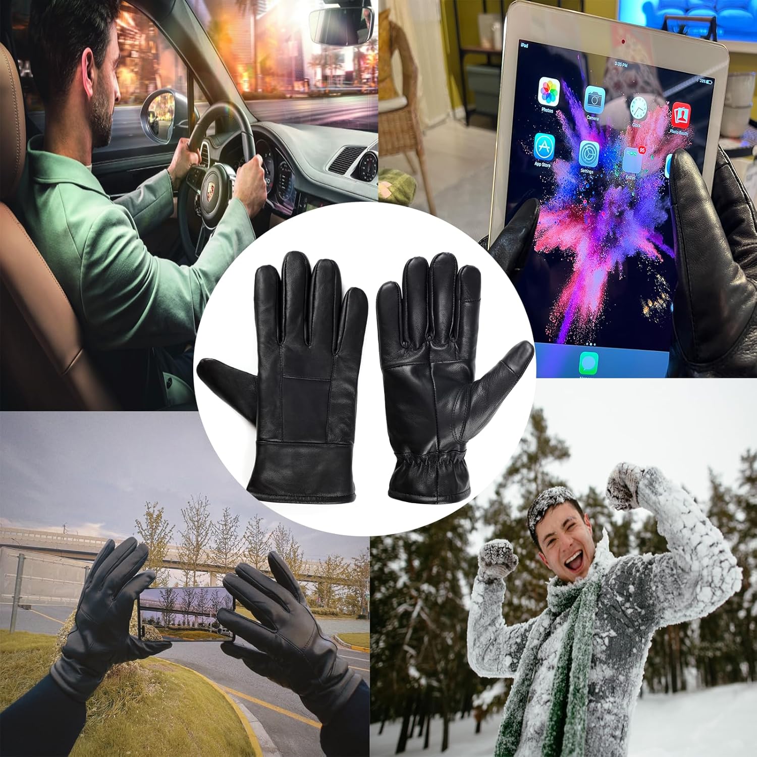 DOOWELL Winter Genuine Sheepskin Leather Gloves for Men,Black Touchscreen Glove,Driving Motorcycle Gloves with Warm Lining - Image 2