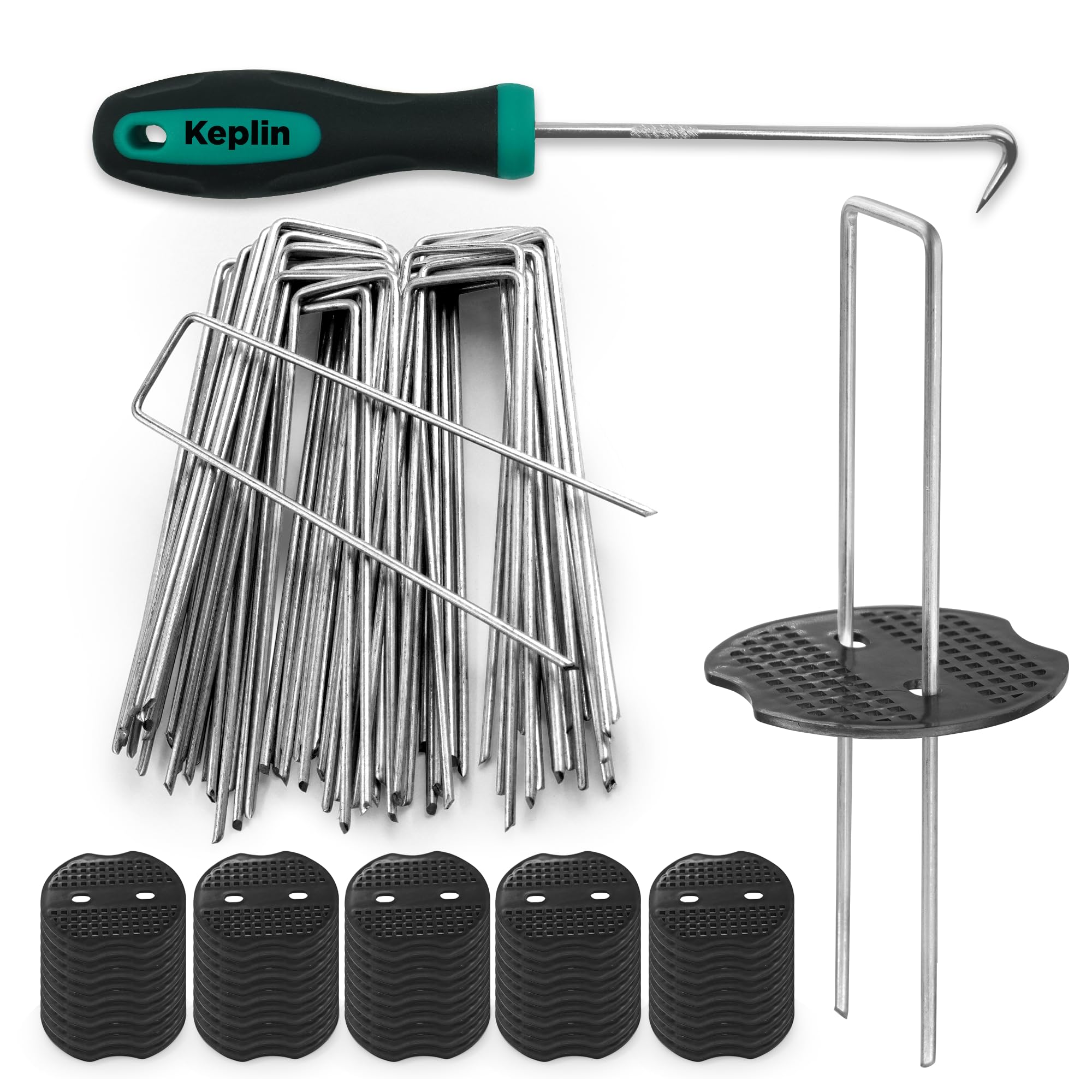 Keplin - 101pc U-Shaped Metal Garden Pegs & Washer Set - 50 Pegs, 50 Washers & 1 Pick Hook - 15cm Galvanized Rust-Resistant Stakes - Sharp Beveled Ends for Easy Insertion - Secure Fabric, Netting&More