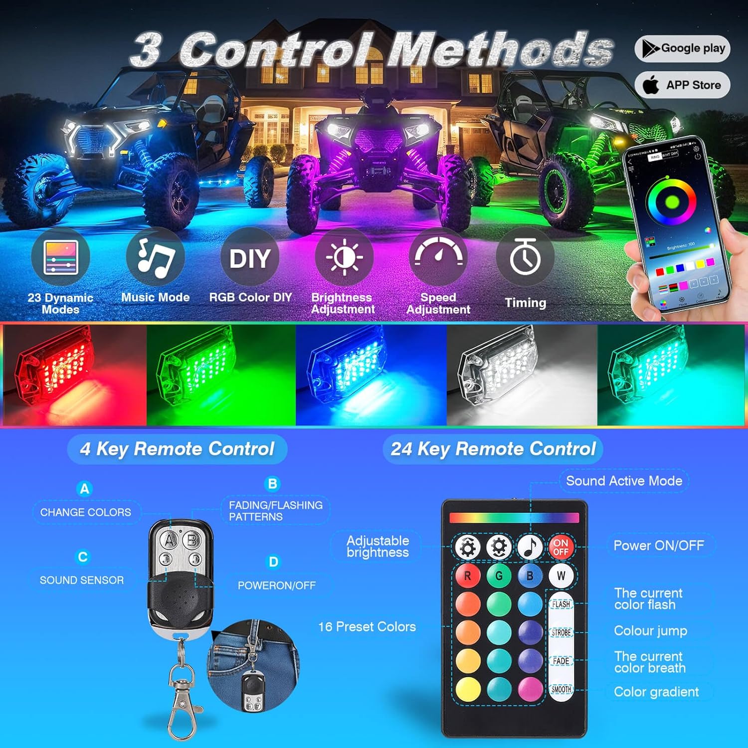 4Pods Full Angle RGB LED Rock Light Full Kit for ATV UTV RZR SXS Can-Am Four Wheeler Quad Side by Side Offroad Golf Cart with APP/RF Remote,Waterproof Multicolor Underglow Light 120Chip Music Mode 12V
