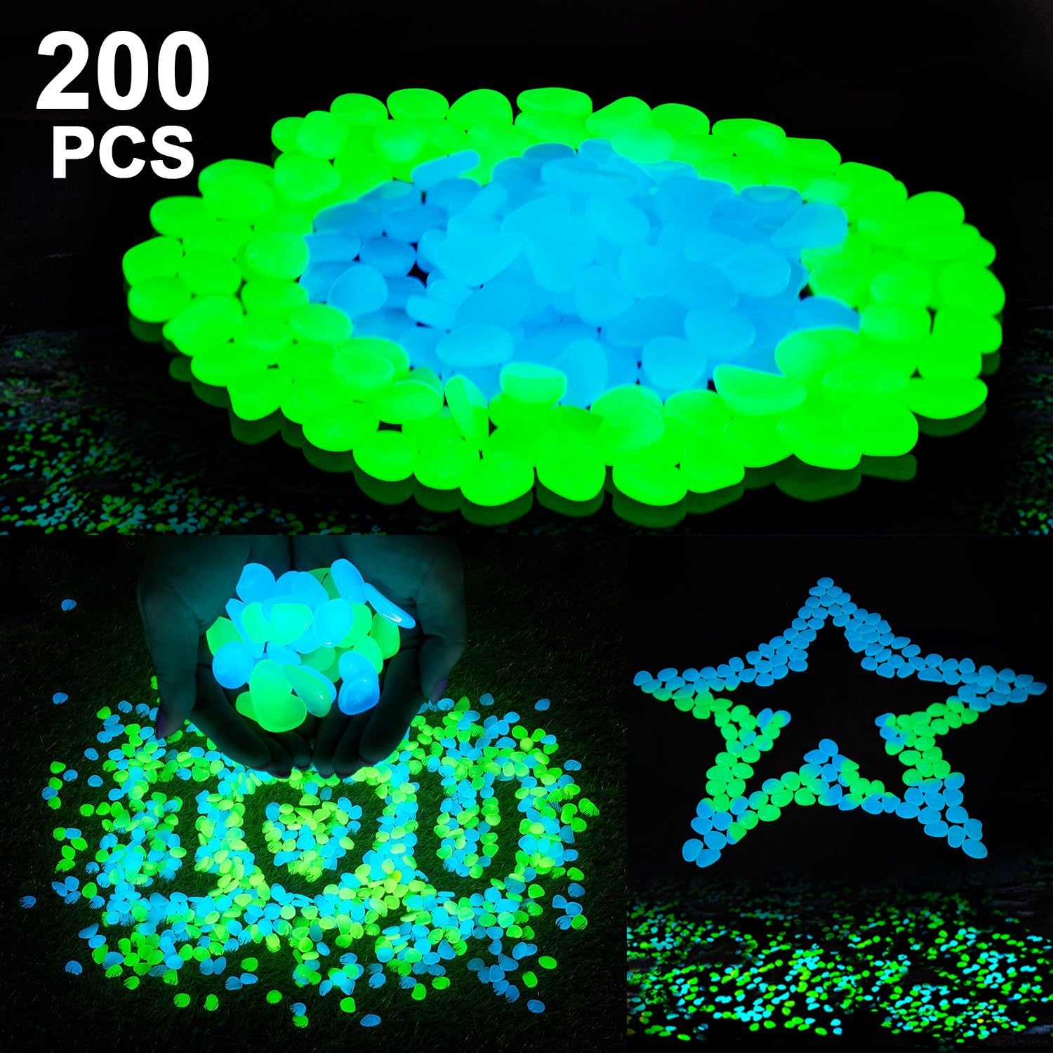 Cynkie 200Pack Glow in The Dark Garden Pebbles Walkways Outdoor Decor Aquarium Fish Tank Path Lawn Yard, Glow Stone Rocks Outdoor Garden Decorative Stones in Blue & Green