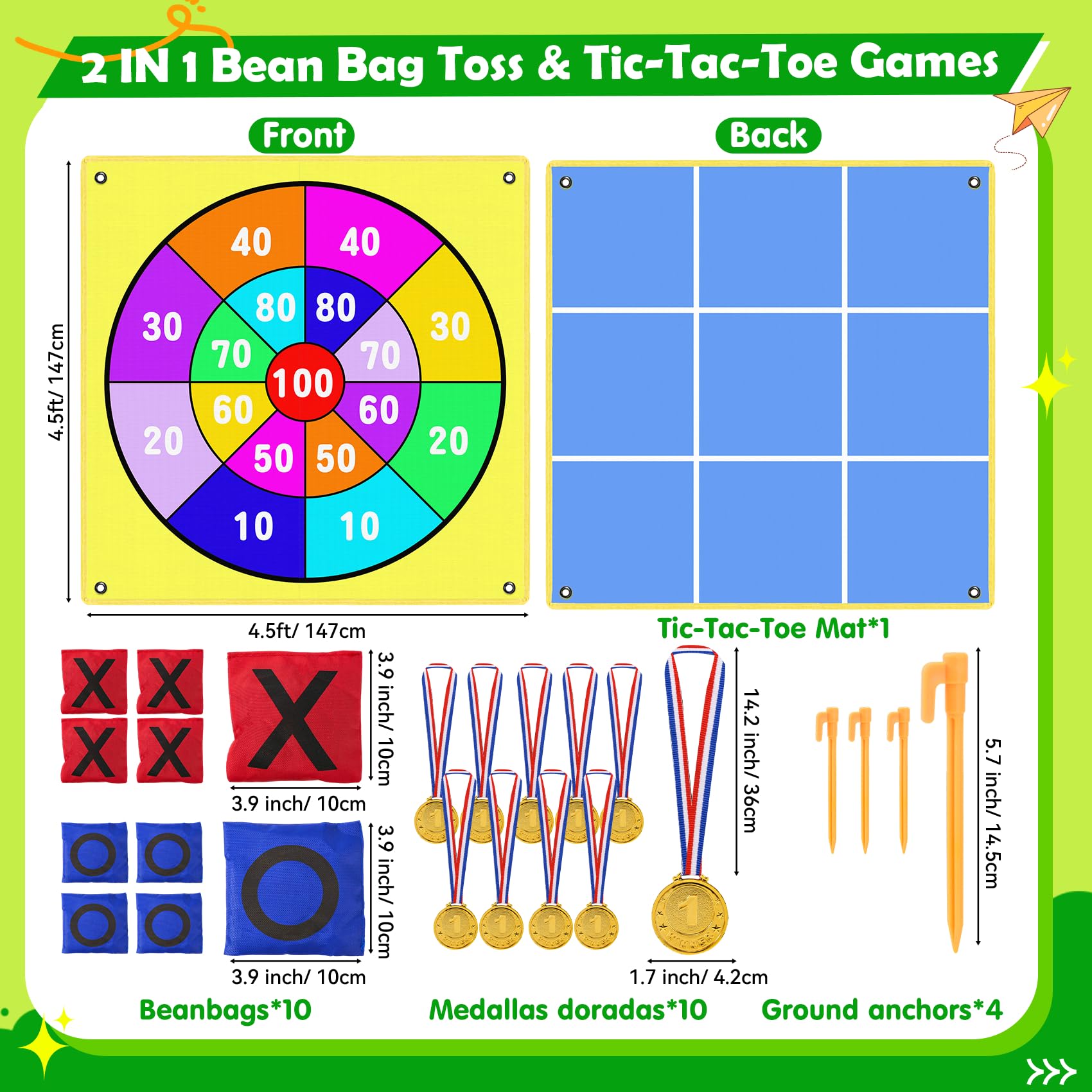 Jeu 2 en 1 Géant Tic Tac Toe & Lancer de Beanbags pour Enfants et Adultes – 1,47 m avec 10 Sacs de Lancer, Recto Verso – Idéal pour Jardin, Plage, Camping & Fêtes de Famille