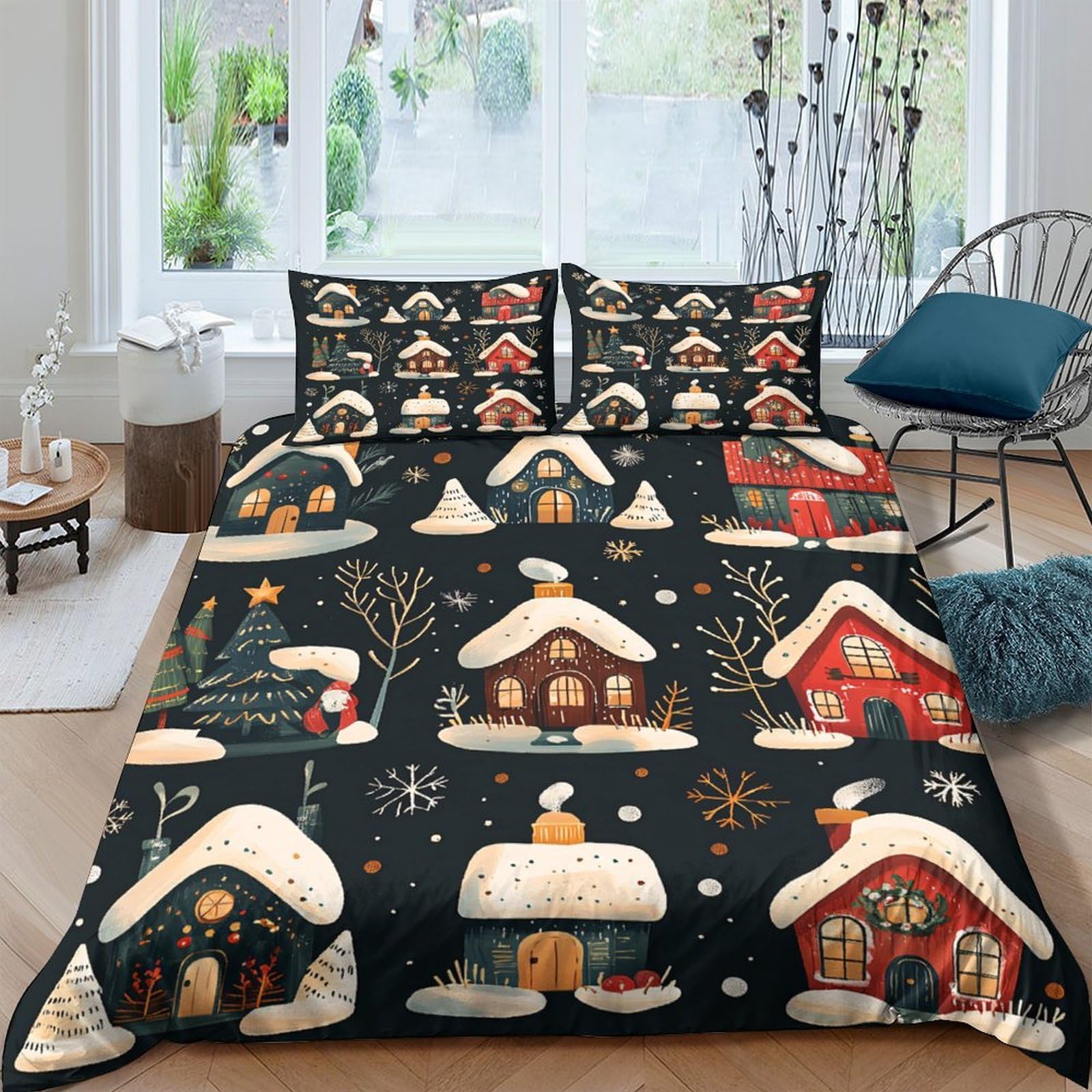 Ctjqhvkz Style-5 3D Printed Snow Village Fitted Sheet Microfiber Soft Winter Cabin Bed Cover For Bedroom Dorm Decoration Mattress Protection Single（135X200cm）