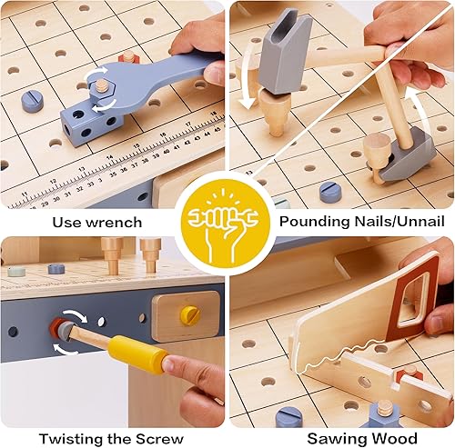 Miniatura 6 de Banco de trabajo de juguete de madera de lujo para niños, juego de herramientas de 69 piezas con juego de herramientas de juego, espacio de