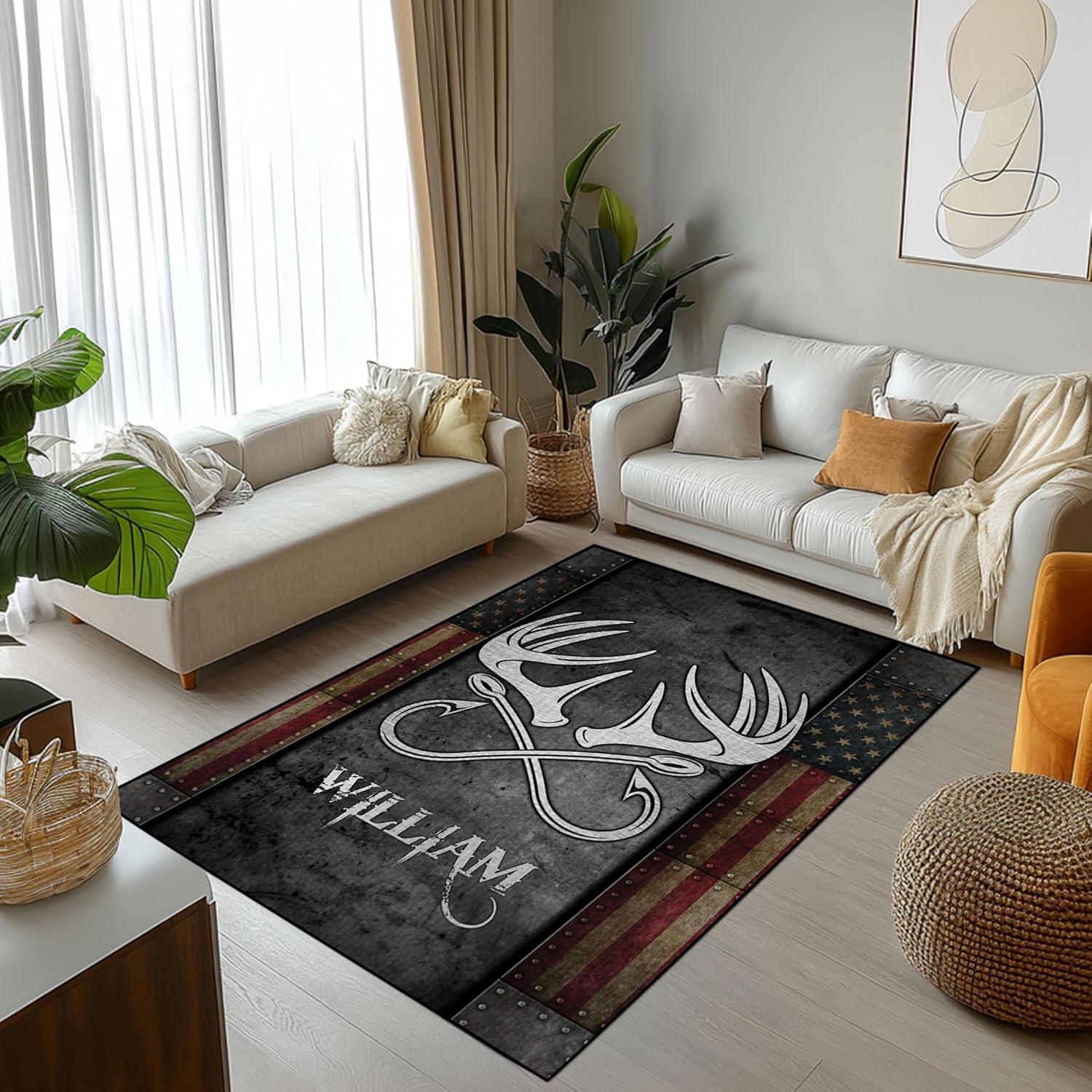 Custom Fishing & Hunting Area Rug – Indoor Outdoor Carpet for Cabin, Porch, Entryway, Living Room – Personalized Name Hallway Runner – Gift for Dad, Husband, Son, Outdoorsman, Nature Lovers