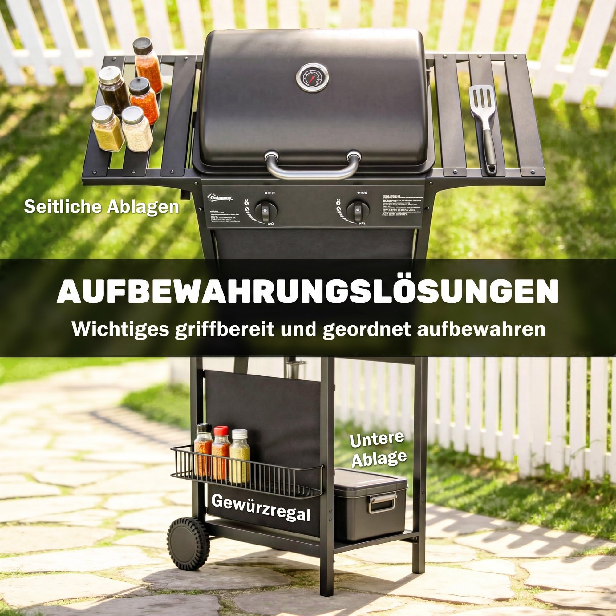 Outsunny Gasgrill 5 KW 2 Brenner BBQ Grillwagen Edelstahl inkl Seitentisch Unterkorb Frontabdeckung Thermometer Emaille-Grillrost Warmhalterost Fettauffangschale, Gas-Grill mit Rolle für Balkon Party