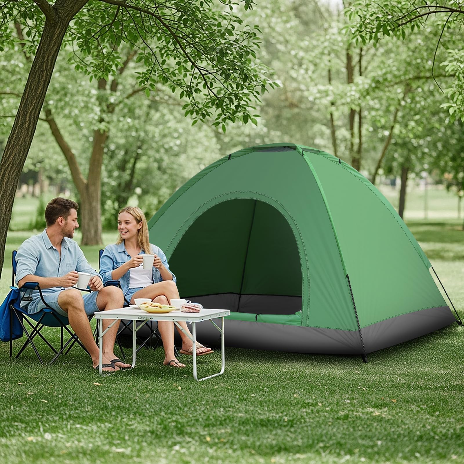 LEADZM Tente de camping portable pour 3 à 4 personnes, imperméable, coupe-vent, protection UV, structure en fibre de verre, idéale pour le camping, les pique-niques, bleu