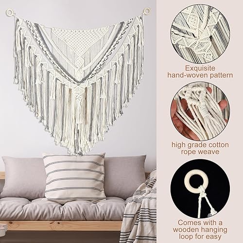 Miniatura 3 de Tinideya Tapiz grande de macramé para colgar en la pared, 47 pulgadas de ancho x 55 pulgadas de largo, decoración de pared de algodón, bohemio, con