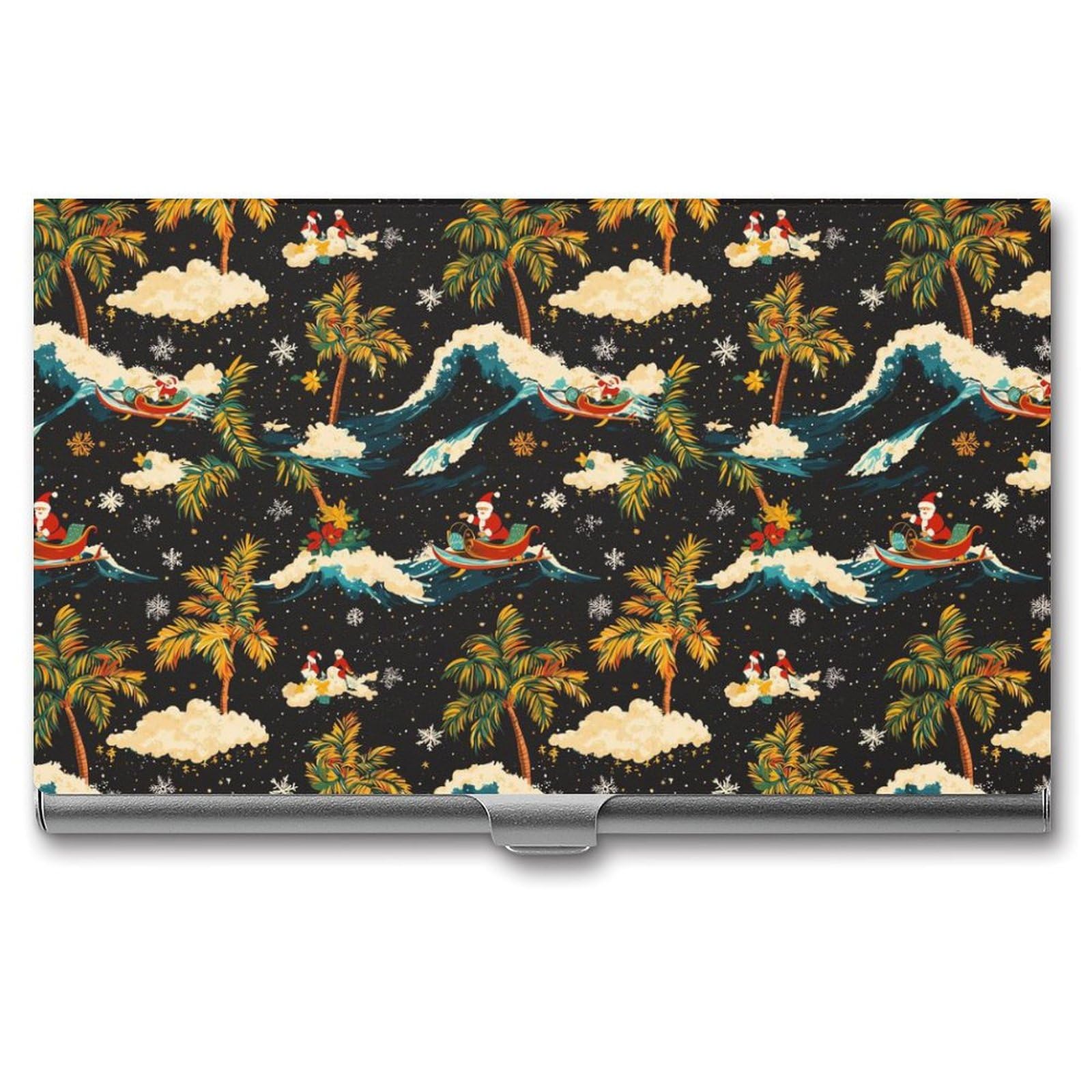 Vintage Santa Surfing Hawaii Palm Trees Slim Business Card Holder Wallet for Men & Women Pocket Metal Case 3.7x2.2x0.3 Inches