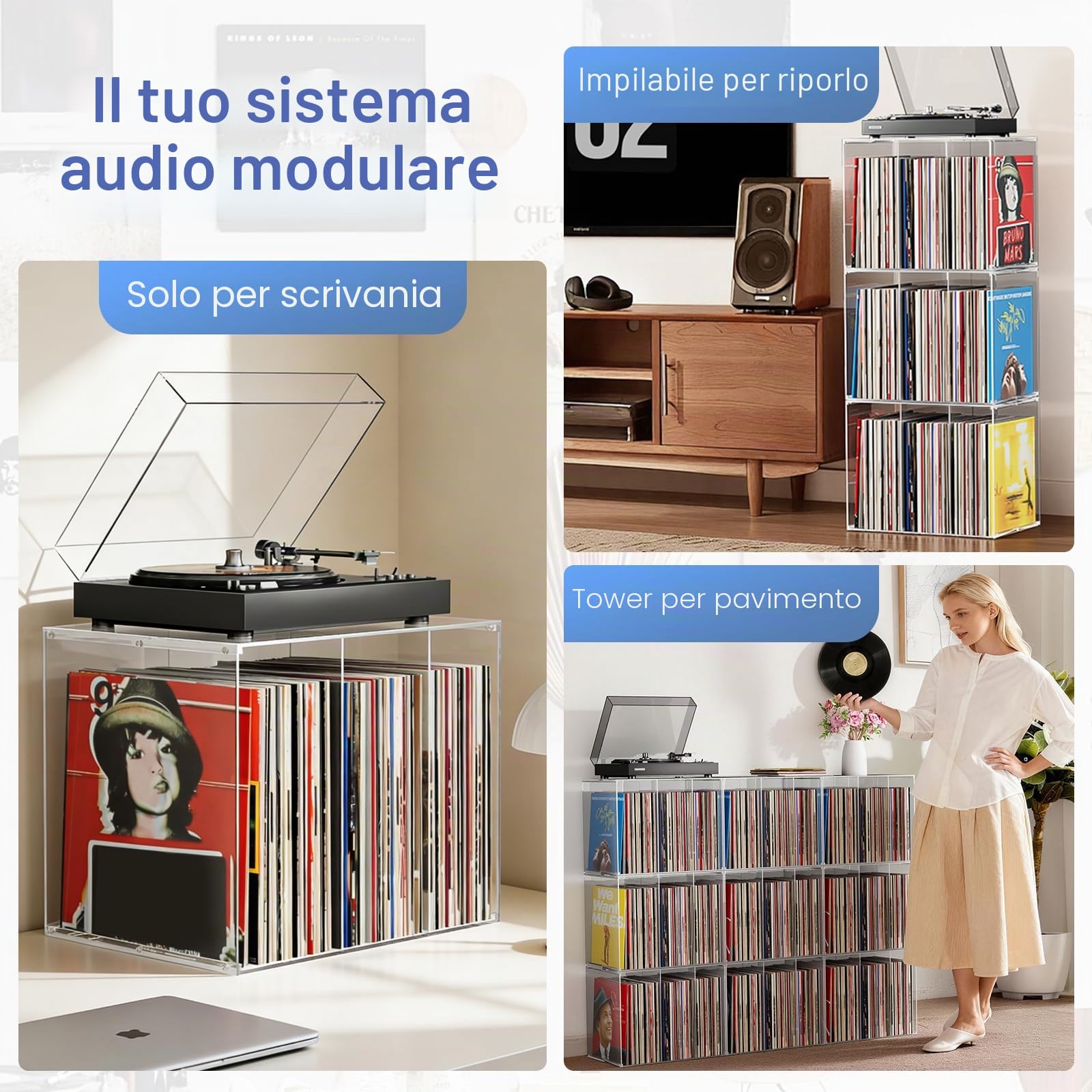 Bikoney Porta Dischi Vinile, Supporto in Acrilico Trasparente Impilabile, Contenitore per Oltre 50 Album, Espositore da Tavolo per LP da 12" e Singoli da 7", Cristallino