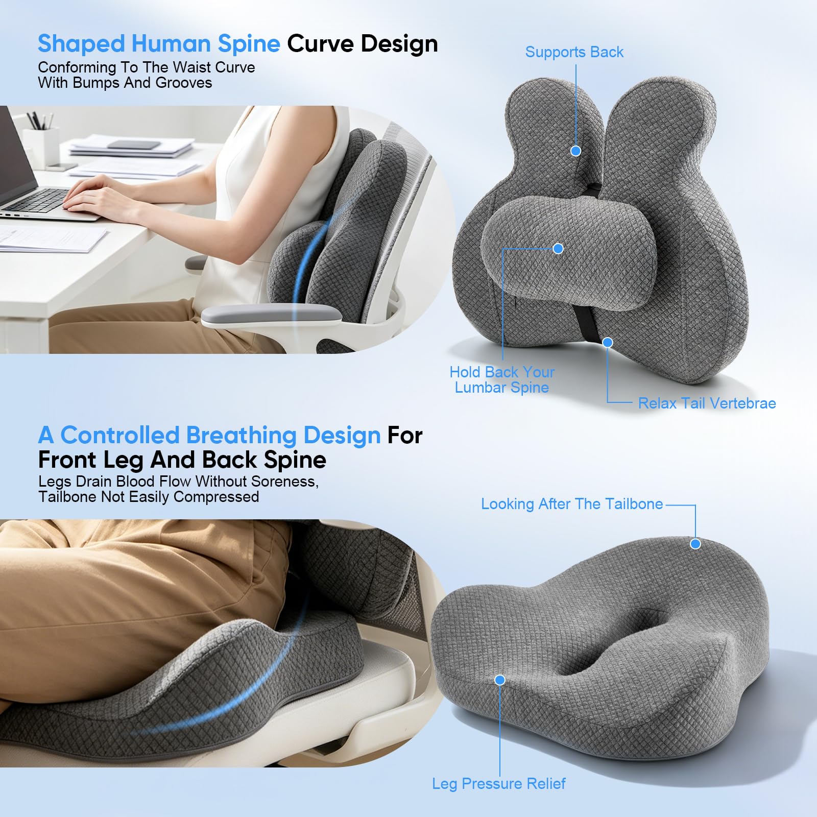 Cuscino ortopedico 3 in 1 per auto, con supporto lombare e cuscino per coccige, in memory foam ergonomico, traspirante, assorbe il sudore, antiscivolo, per sedia da ufficio e gaming