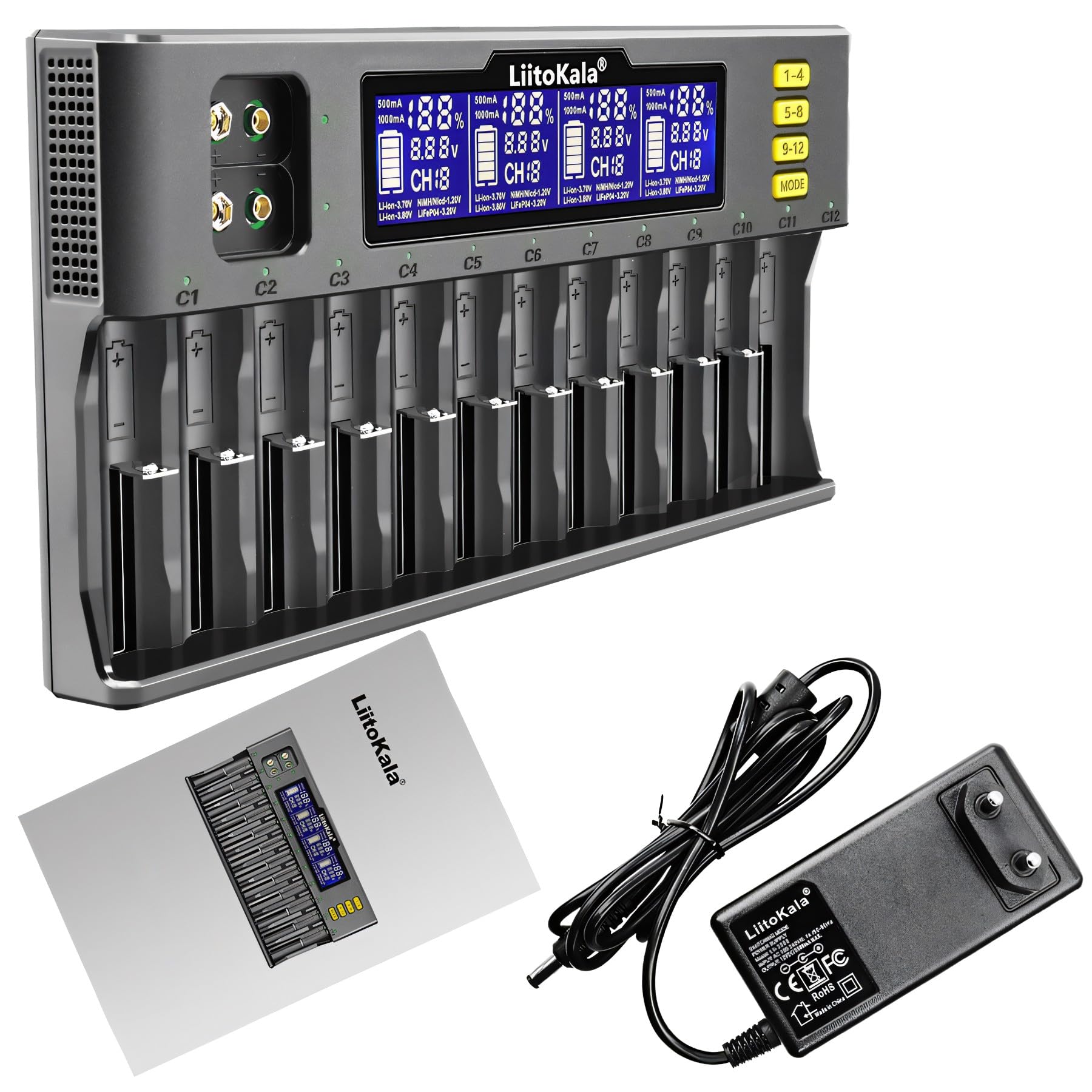 Retoo Ładowarka do akumulatorów AA, AAA, 9 V NI-MH/NI-CD, Li-ion-3,70 V/3,80 V, LiFePO403.20V, 12 miejsca do ładowania, uniwersalna szybka ładowarka z wyświetlaczem LCD, baterie wielokrotnego