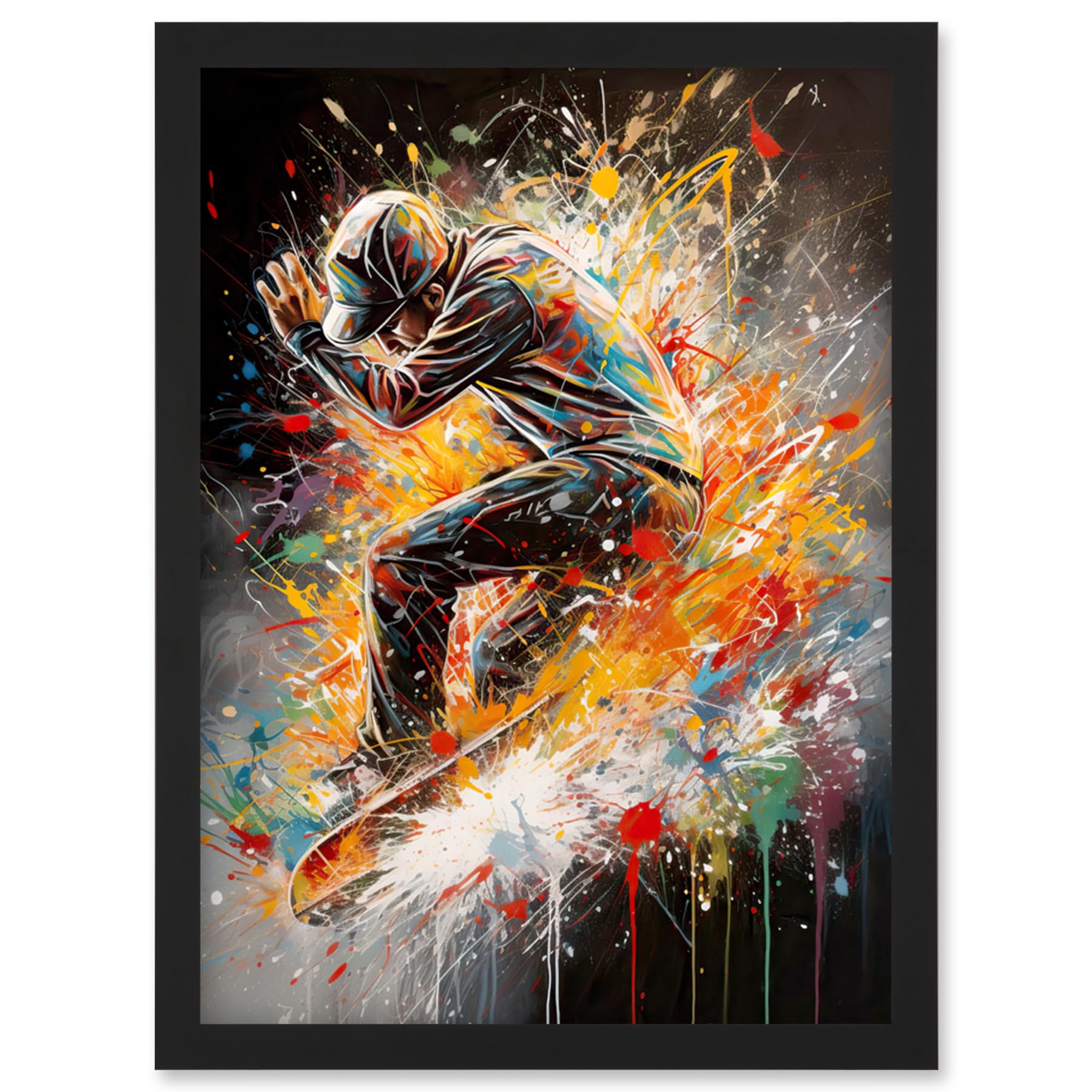 Skateboarder Vibrant Splat Paint Action Shot Framed Wall Art Print A4 - Artery8
