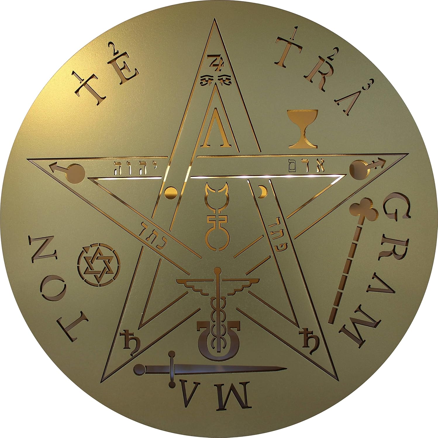 Handcrafted 12inch Wooden Pentagram with Large Tetragrammaton - Empowering Star with Hand-Painted and Gilded Names of God - Harmonized, Wall-Ready, and Complete with Hanging Fixture