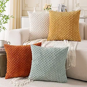 Set of 4 Yellow Rust Aqua Decorative Throw Pillow Covers 22x22 Inch Corduroy Pillow Covers for Bed Couch Sofa Living Room Soft Square Cushion Cases