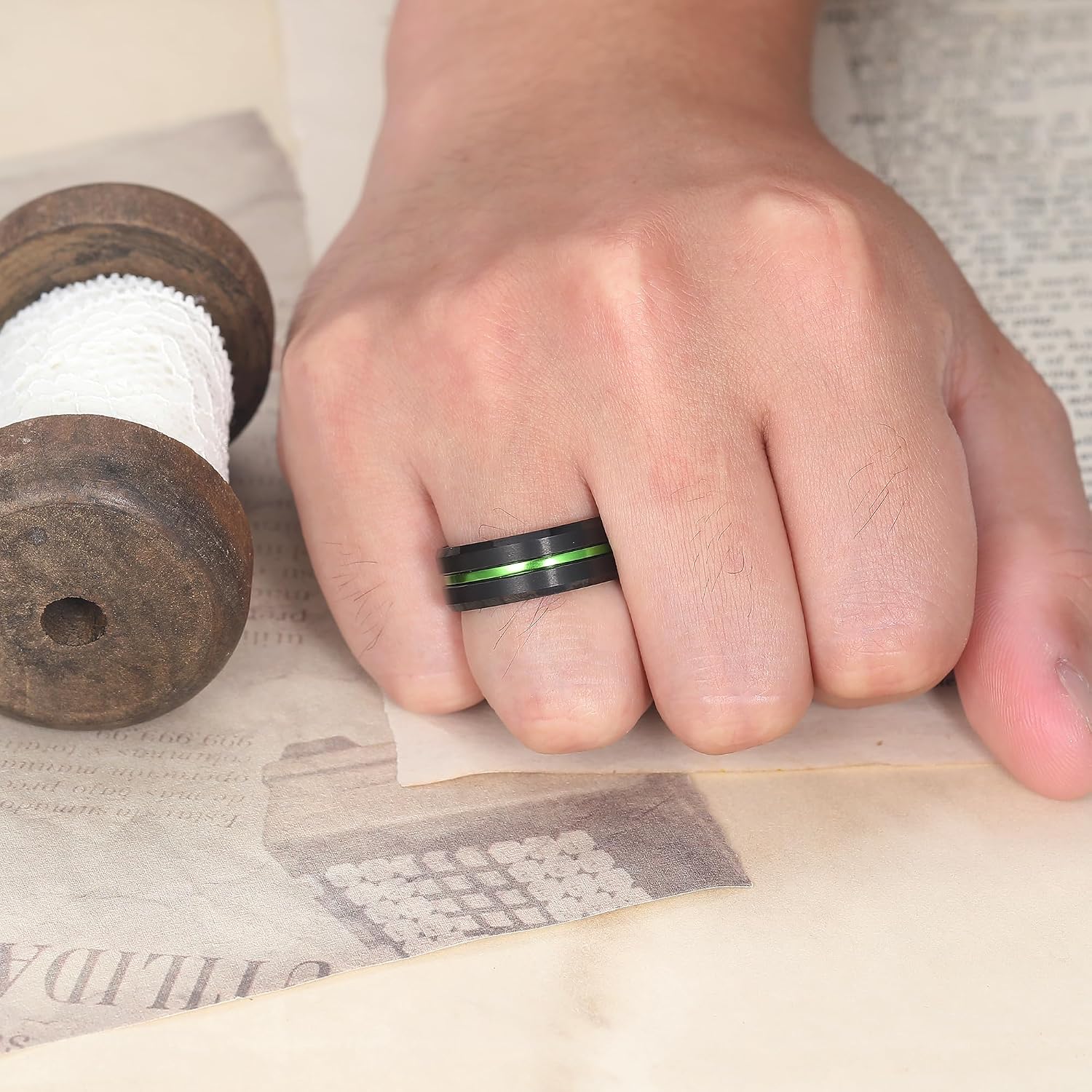 8mm Mens Black Rainbow/Red/Green Groove Tungsten Wedding Band Ring