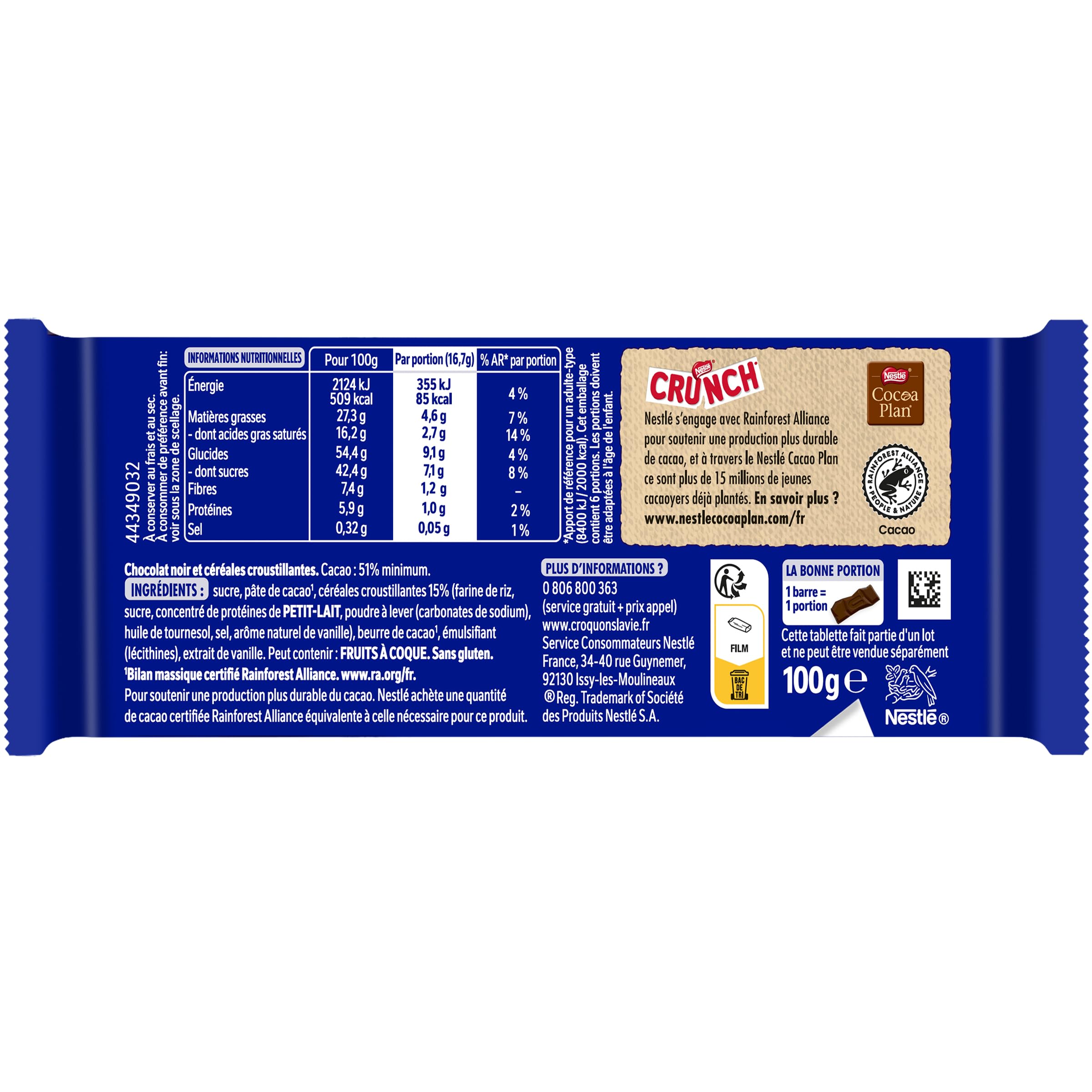 Nestlé Chocolat - Crunch Chocolat Noir - tablette de 100g - Lot de 2
