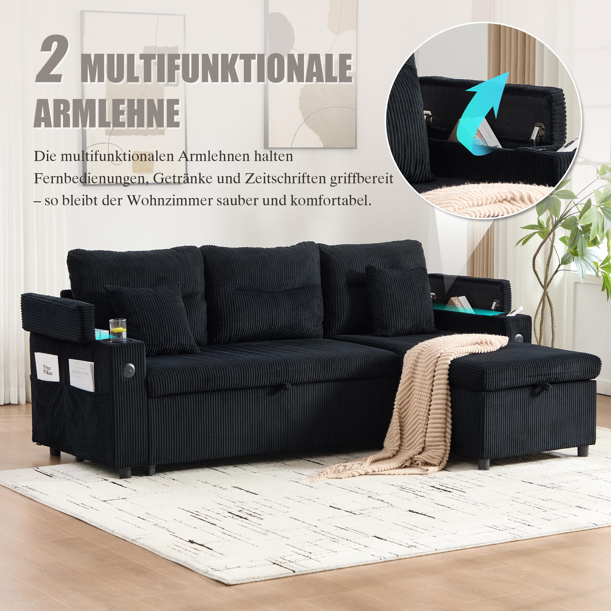 Moderno Chaise Longue Sofá Cama 3 Plazas con USB-C, Rinconera con Arcón Almacenaje y Portavasos, Sofá Cama de Pana Extraíble con Canapé Hidráulico, 212cm Mueble Salón, Negro