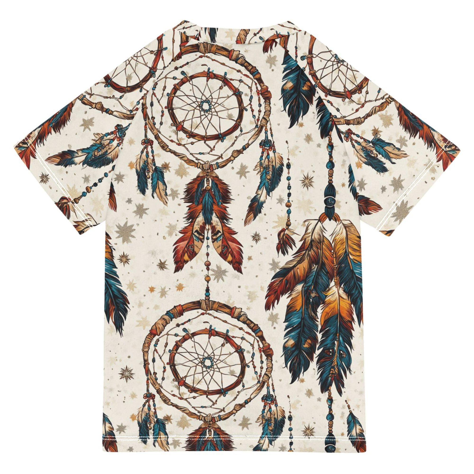 Western Cowboy Dream Catcher Star Tribal Girls Bathing Suit Short Sleeves Football Sports Shirt Swimwear Beach Tops 3T