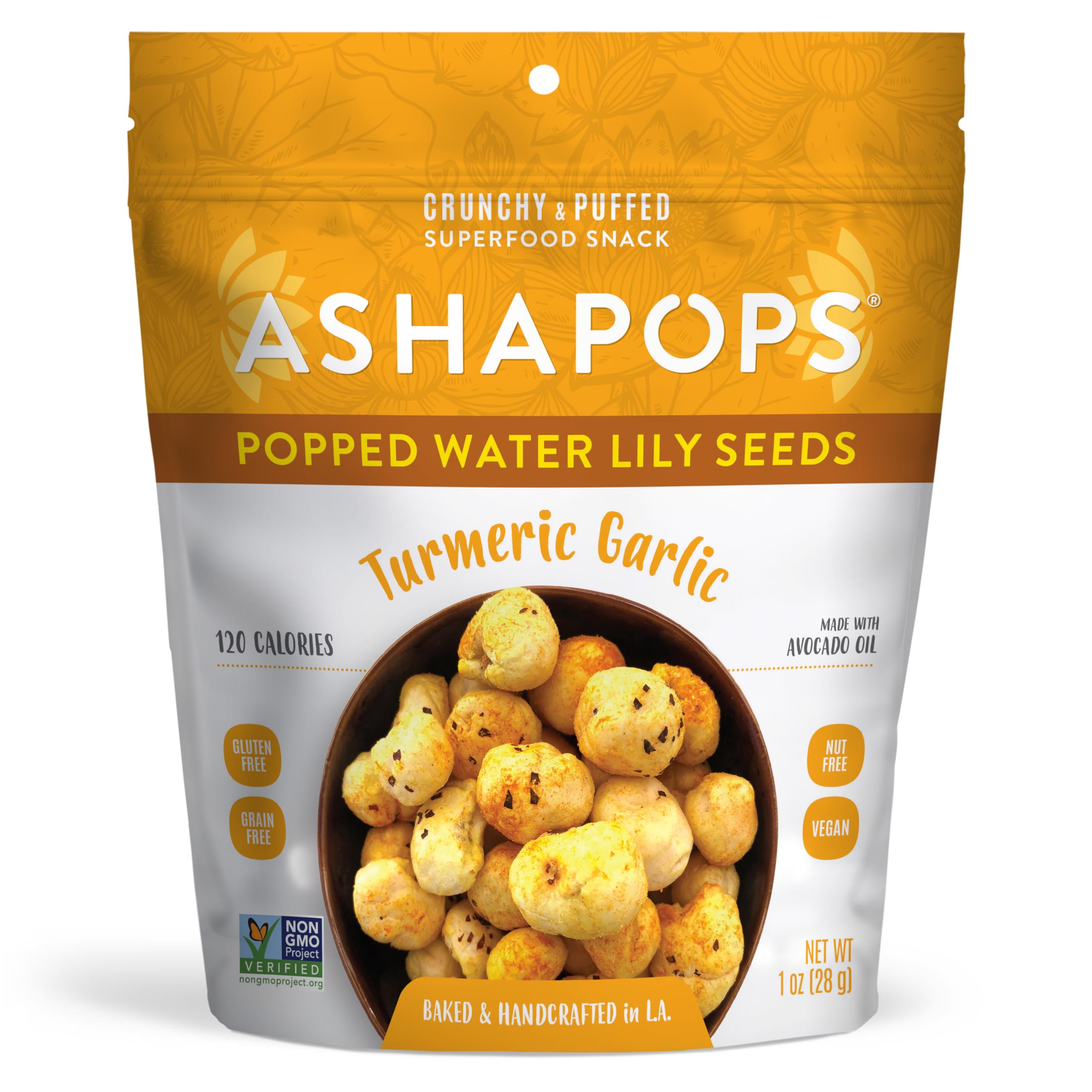 AshaPops Turmeric Garlic Flavored Popped Water Lily Seeds, 1 oz (Pack of 1) - Gluten-Free, Vegan, Paleo, Soy-Free, Non-GMO, Plant-Based Crunchy Snack