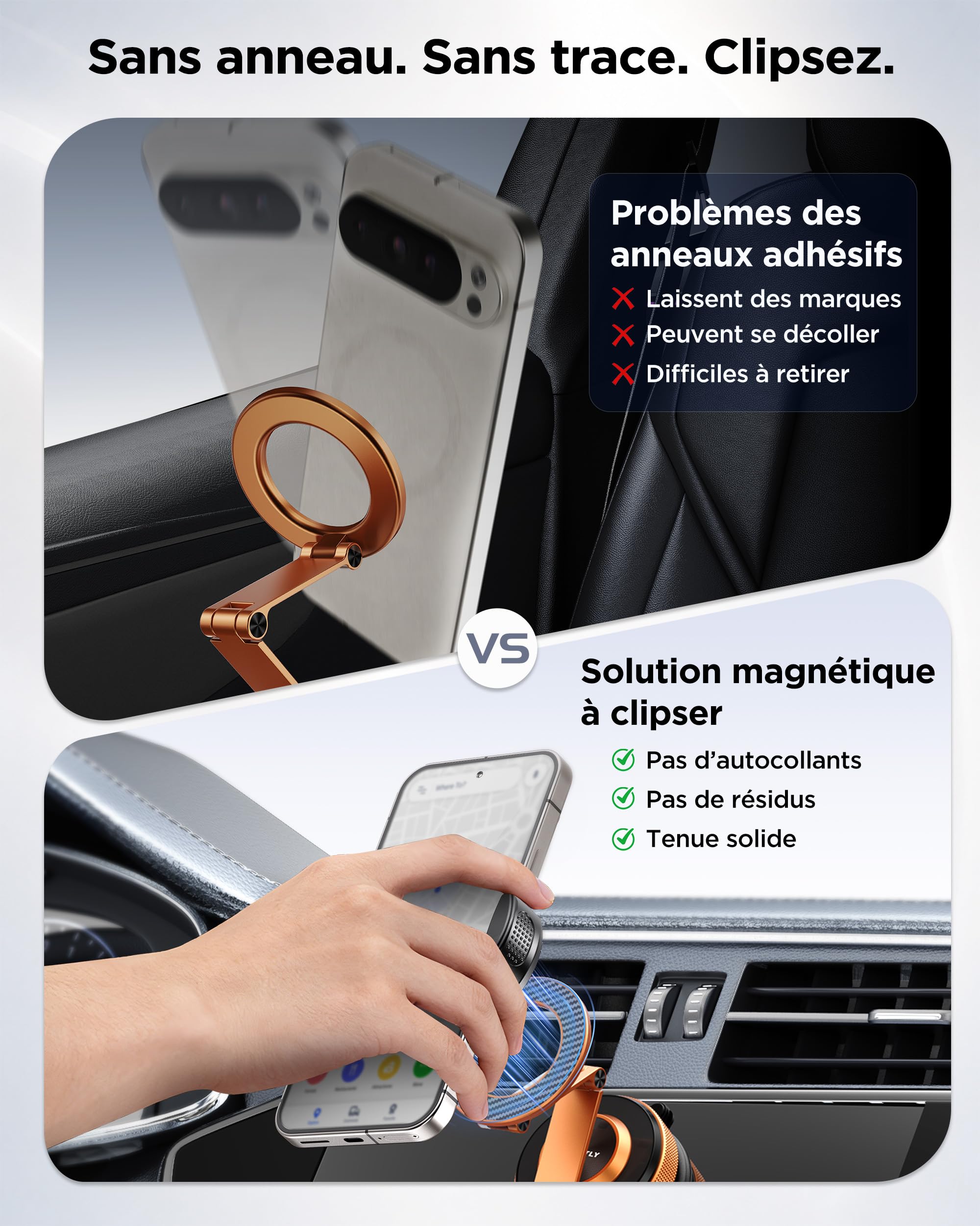MSXTTLY Support Téléphone Voiture Magnétique Vmag S3 avec Clip VMag-GC, Pack Double Bras Long + Clip sans Anneau Adhésif, Ventouse Nano, pour iPhone 17 Pro Max/16-12 et Android, Orange