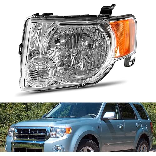 BoardRoad Headlight Assembly Fit for 2008-2012 Ford Escape Halogen Headlamp Replacement Chrome Housing Amber Reflector Left Driver Side