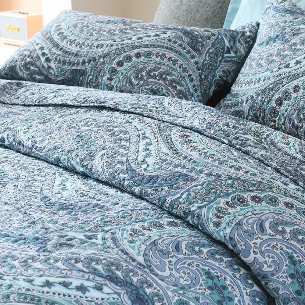 ENASAL Tagesdecke Bettdecke aus Baumwolle 220x240cm, Bettüberwurf 230x250cm für Doppelbett mit Blauen Paisley Blumen, Ganzjahresdecke Gesteppte Decke Steppdecke mit 2 Kissenbezug