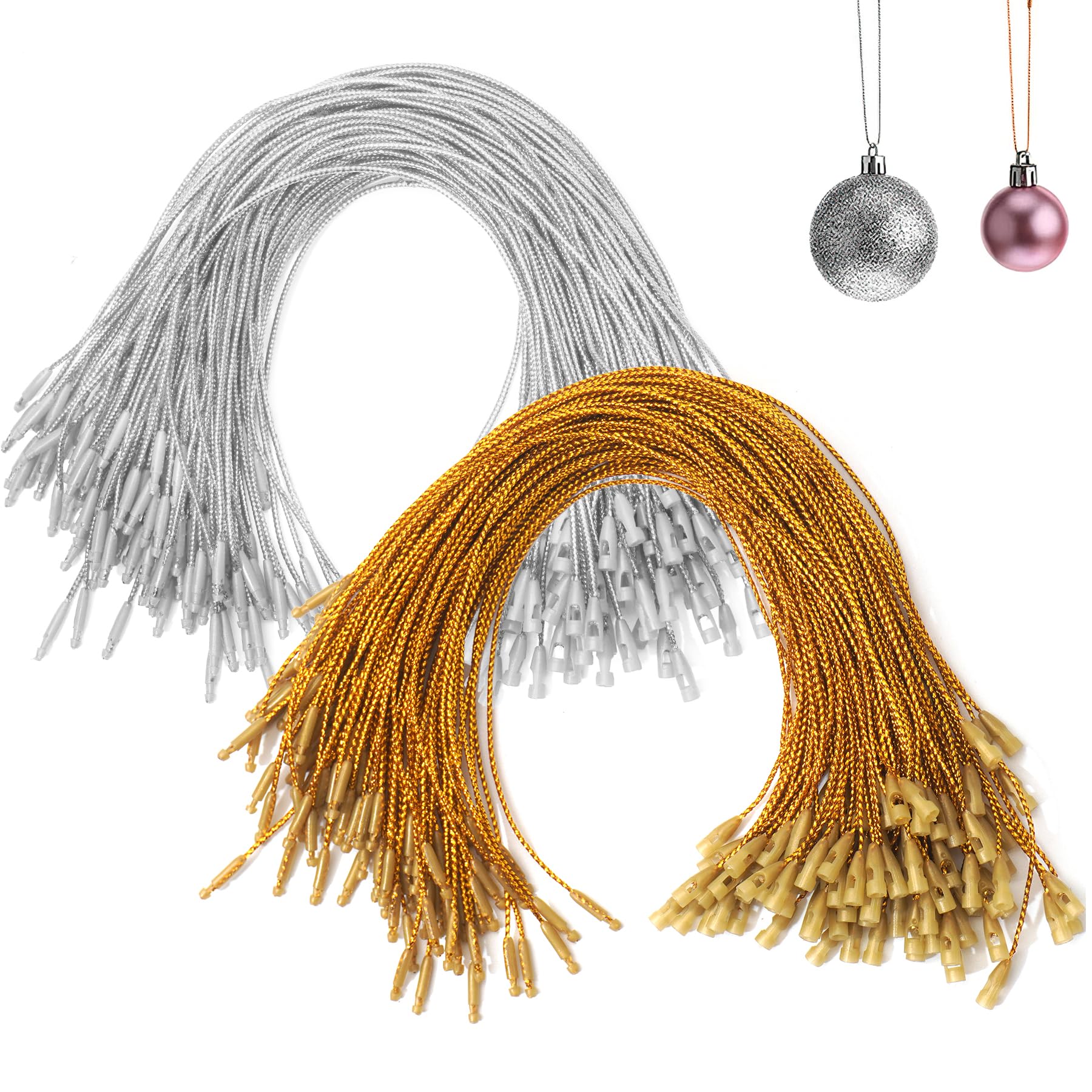 OPUHOHR200PCS Gold Silver Ornament Hanger String, Christmas Ornament Hooks Pre Cut Ropes with Snap Fasteners for Xmas Tree Holiday Party Hanging Decoration