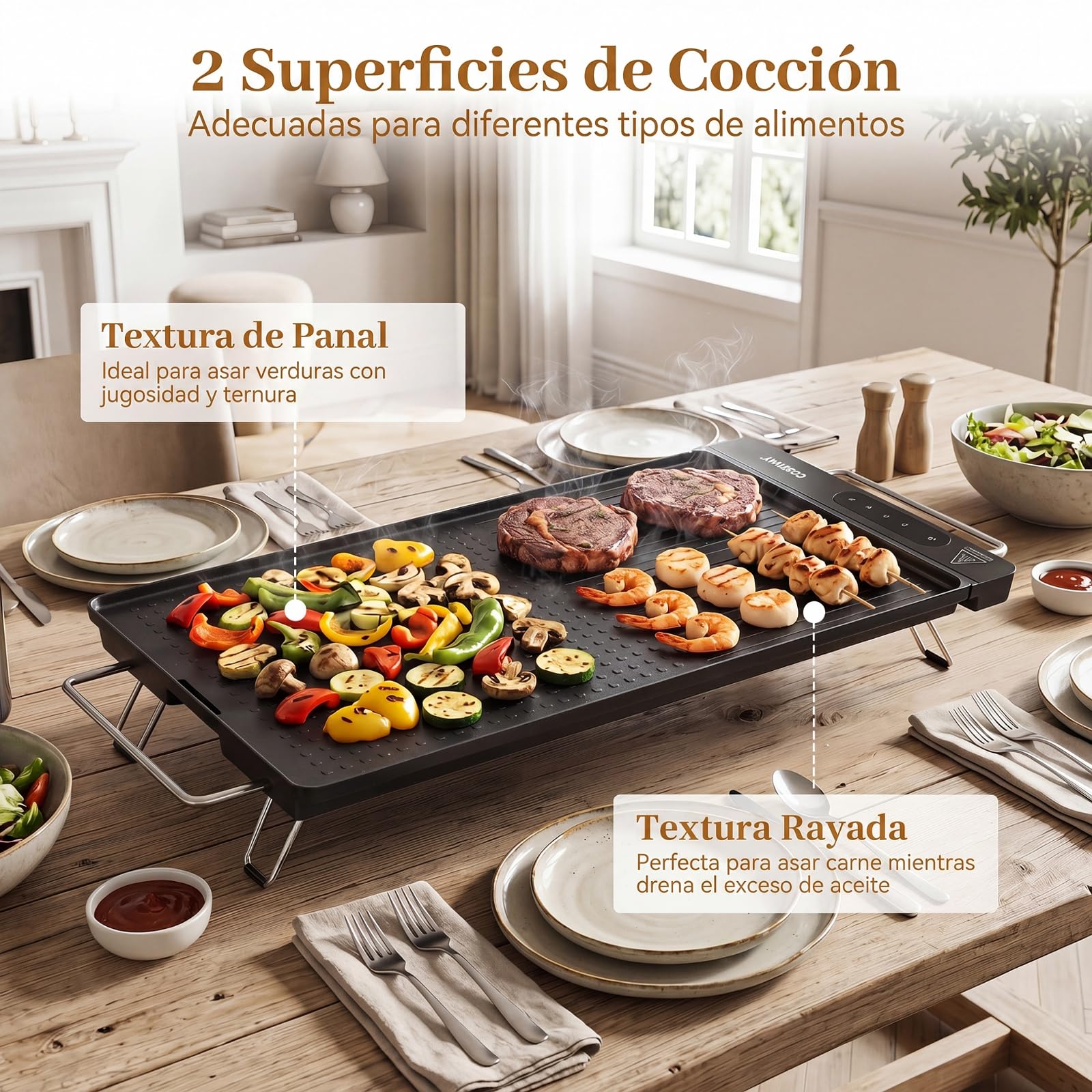 COSTWAY Plancha Eléctrica 1500 W, 60 x 28cm, Temperatura Ajustable | Parrilla Cocina con Antiadherente Extraíble, Asas Frías al Tacto y Patas Plegables, para Hogar, Picnic