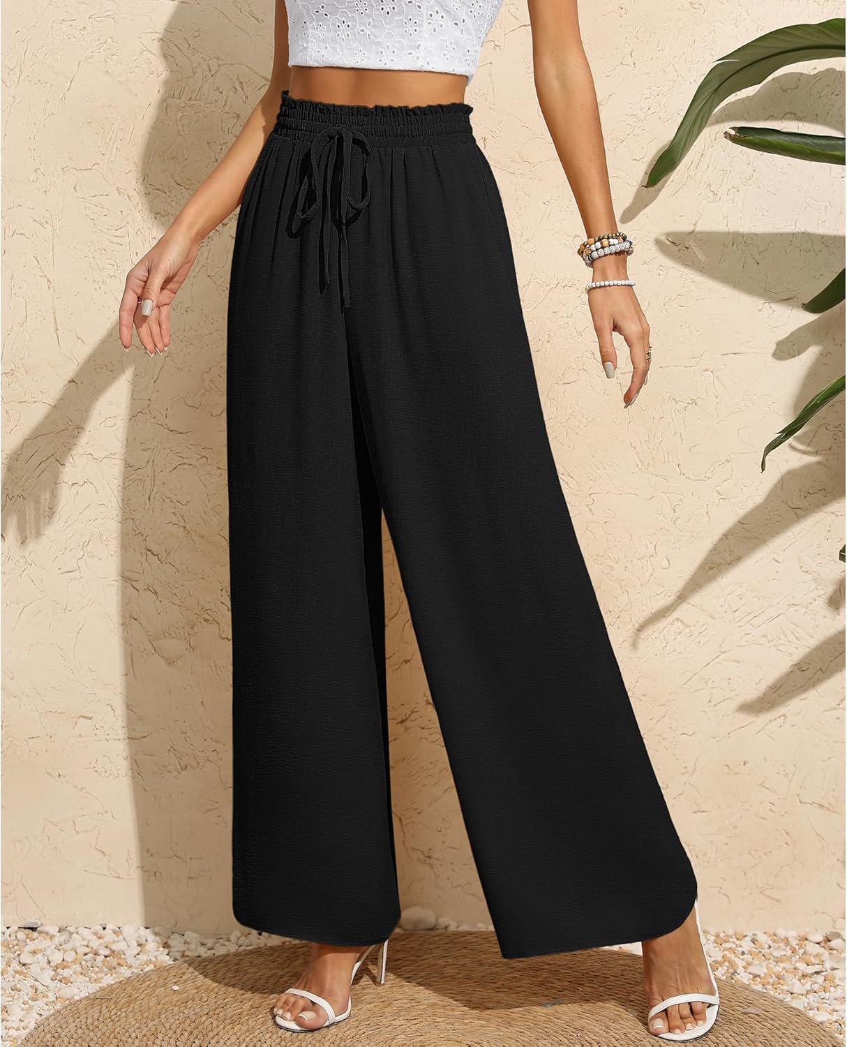 CZYINXIAN Women's Casual Wide Leg Pants Flowy Adjustable Tie Knot Elastic Waist Pants with Pockets - Image 2