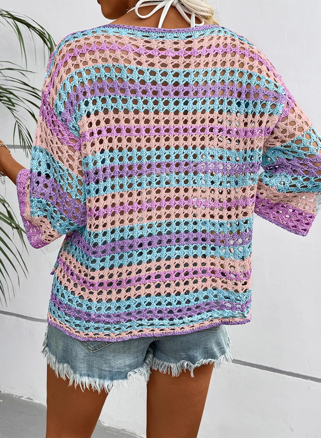 Dokotoo Womens Spring Summer 3/4 Sleeve Crochet Sweater Hollow Out Color Block Striped Tops Casual Beach Vacation Cover Ups - Image 4