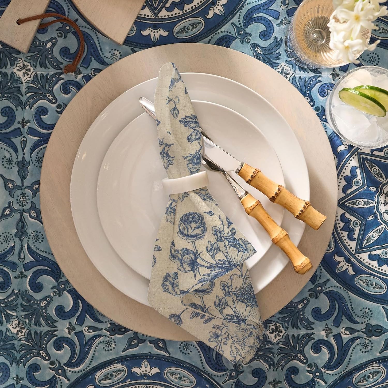 Blue Floral Cloth Napkins Set of 12, Vintage Linen Cotton Dinner Napkins 15x15 Inch - Reusable, Cottagecore Aesthetic Party Decorative Napkin Towels for Everyday Use, Weddings, and Holiday