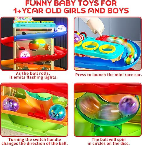 Miniatura 4 de Bola rodante 2 en 1 y pista de carreras de rampa de coche para niños pequeños, juguete de caída de bola de martillo para niños y niñas, juguetes