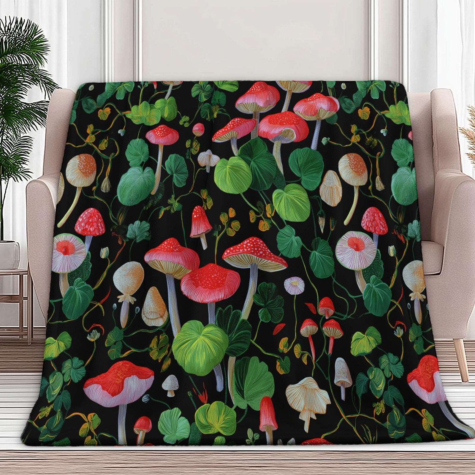 Generico Koc w kratę z polaru rośliny grzybów akwarelowy 180 x 220 cm przytulny gruby ciepły koc flanelowy miękki koc polarowy do łóżka kanapy krzesło, wszystkie pory roku