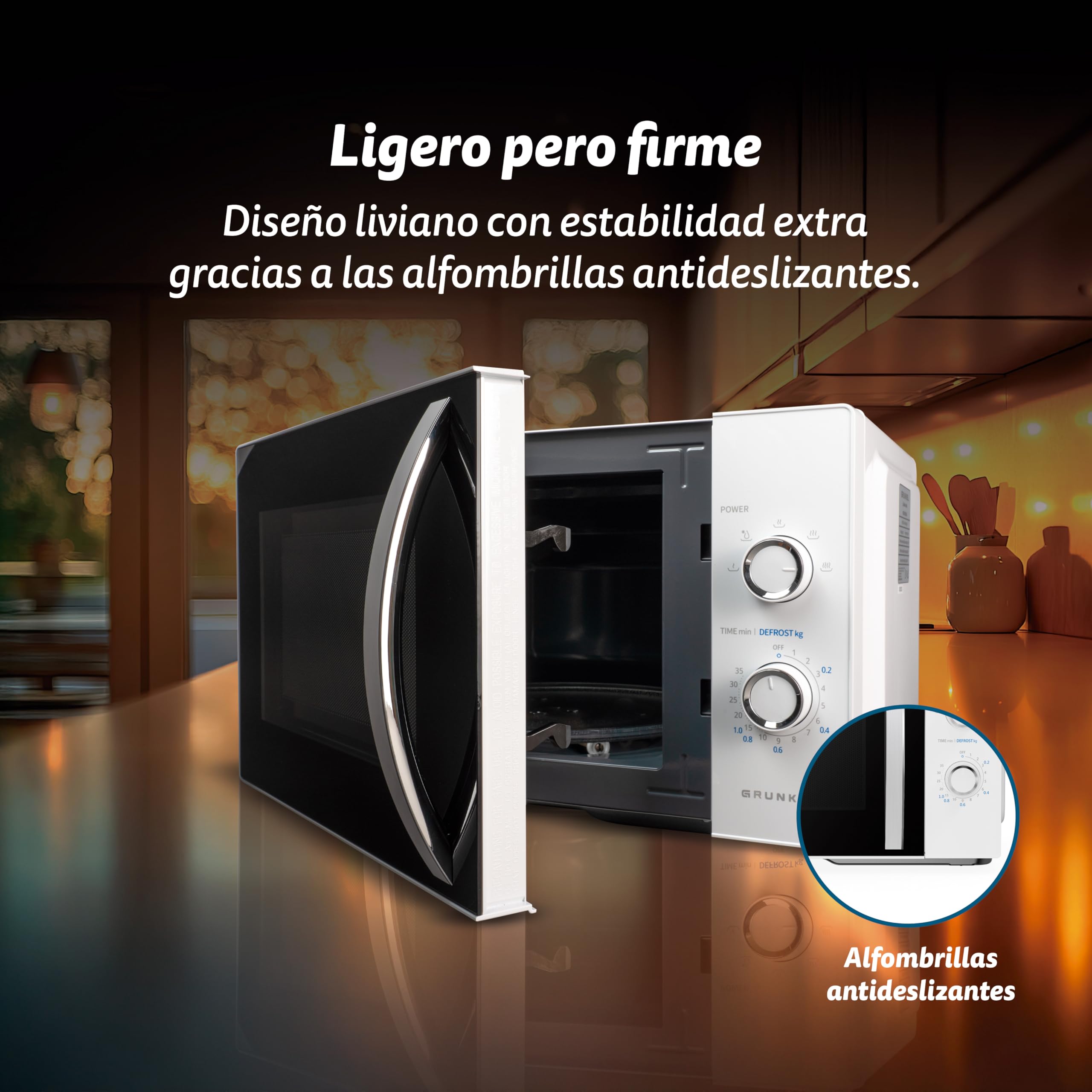 Microondas Grunkel con grill de 800w y 25 litros de capacidad MW-25MA con 5 niveles de potencia, descongelacion y plato de 24,5cm. (Sin Grill)
