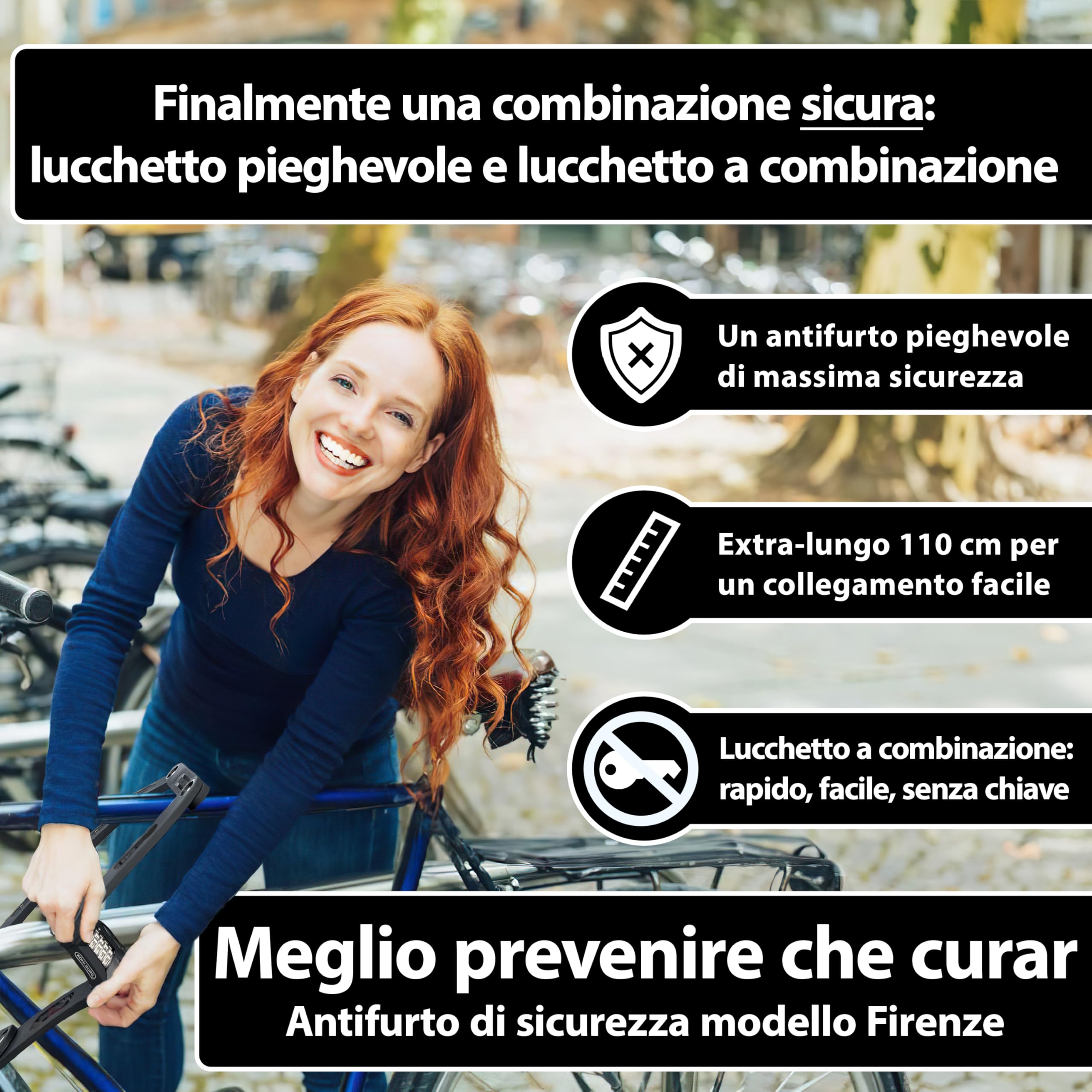 KOHLBURG Antifurto pieghevole per bicicletta con codice numerico | 110cm | Antifurto a combinazione resistente al tronchese con supporto | alta sicurezza | antifurti a cifre per e‑bike e bicicletta