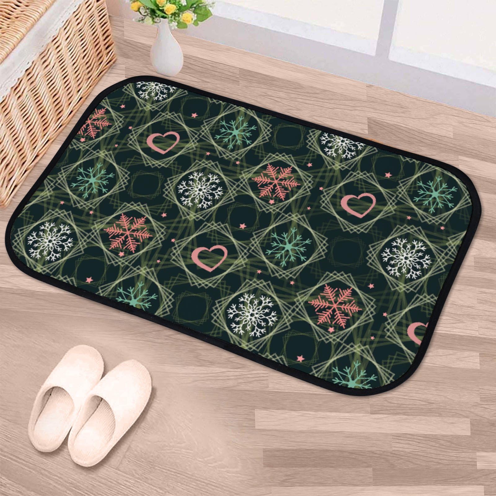 Nuansexi Bathroom Rugs Snowflake Pattern Romantic Winter Green Floor Mats Non Slip Bathmat Doormat Tub Mat Coral Velvet Absorbent Entrance Carpet Mats Machine Washable Bedroom Decor