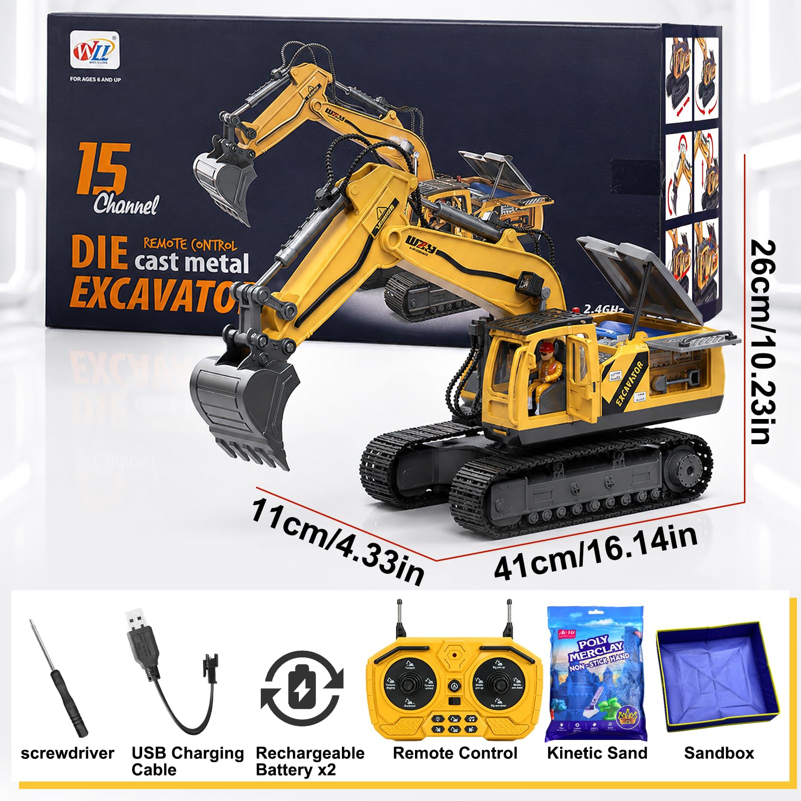 YESHIN RC Bagger, 15-Kanal Ferngesteuerter Metall Bagger mit Sandkasten Kasten & Modelliersand, Realistischer Kettenbagger mit Legierungsschaufel, Bagger Spielzeug Set Geschenk für Kinder ab 3 Jahren