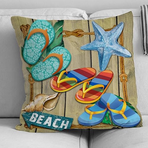Miniatura 4 de Funda de cojín para sofá con temática oceánica, chanclas coloridas de lino blanco con estrellas de mar y playa, almohada tropical de playa hawaiana,