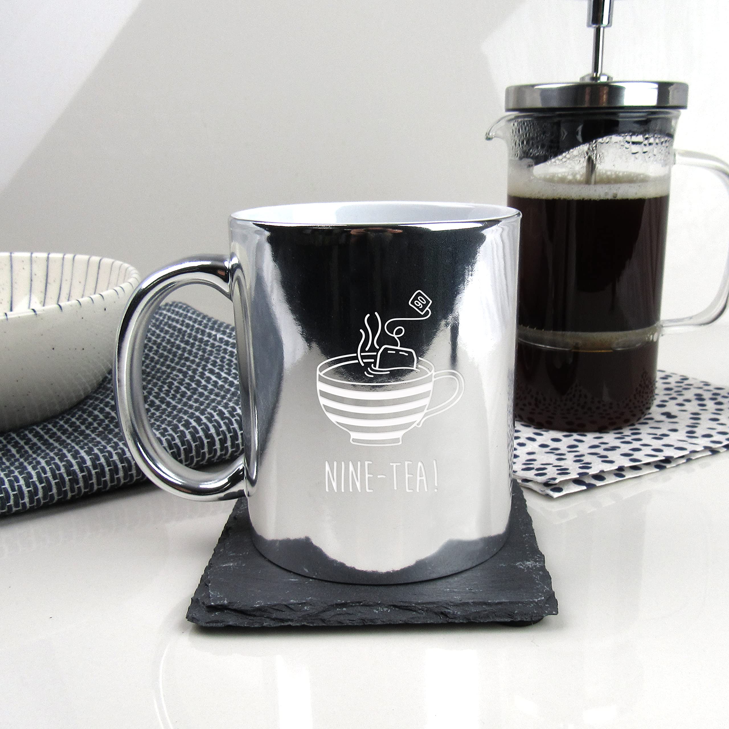 eBuyGB Engraved Metallic Shiny Silver Coffee Mug -Nine-Tea Design - 350ml Tea Cup, 90th Milestone Birthday Gifts for Men, Him - Ninetieth Gift for Friend, Grandad, Dad, Husband