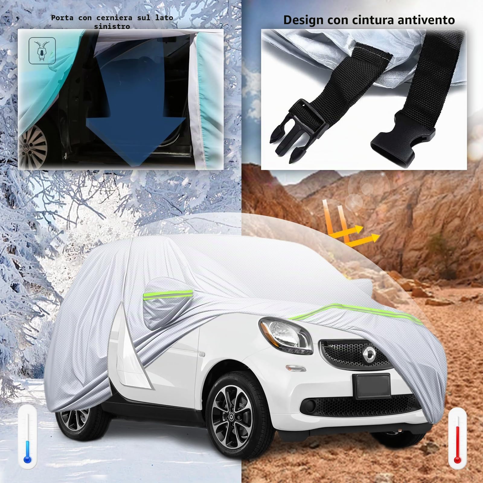 telo Copriauto per smart fortwo W451 W453 2016-2024, Telaio antivento con porta cerniera, tessuto Oxford DuPont.