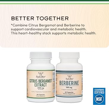 Citrus Bergamot Supplement - NSF Certified - Supports Healthy Cholesterol & Triglyceride Levels - 1000mg, 60 Capsules (Bergamonte Standardization) by Double Wood