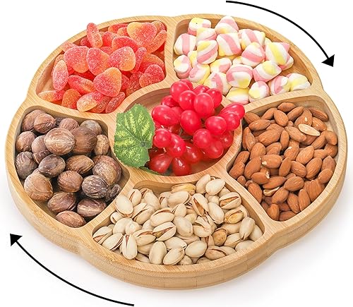 Miniatura 1 de Cididu Bamboo Food Tray, 12'' Lazy Susan Serving Tray, Appetizer Divided Serving Platter Dishes, 360 Rotating Relish Party Tray, 6 Compartments