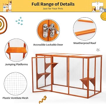 Nyeekoy Catio Outdoor Cat Enclosure, 71 Large Catios for Cats Patio, Outside Cat Enclosures, Cattio with Waterproof Roof, Clearance Cat Cage for Multiple Cats, Orange