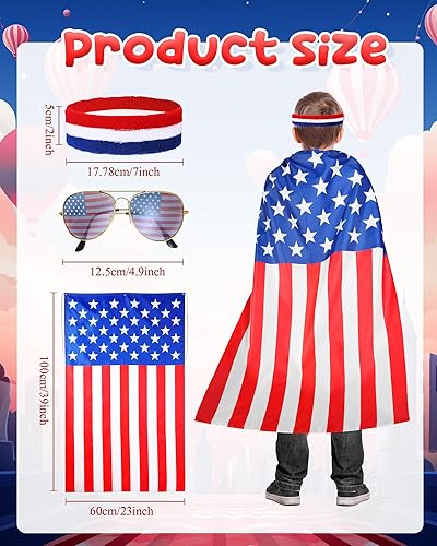 Miniatura 2 de Mepase 3 lentes de sol para niños del 4 de julio, trajes de capa de bandera de Estados Unidos, juego de diadema de color con bandera de Estados