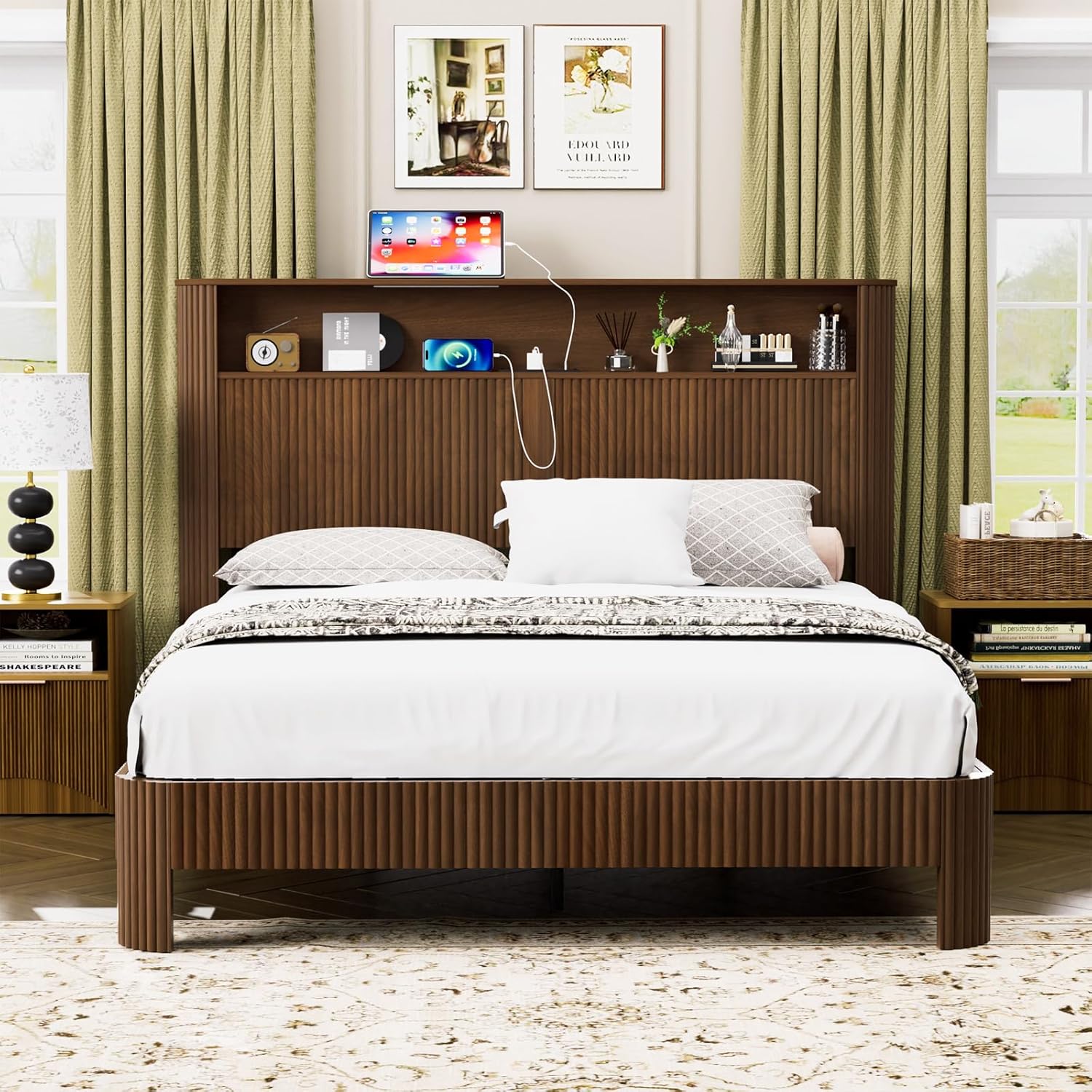 Queen Size Bed Frame with Storage Headboard, Mid Century Modern Fluted Platform Bed Frame with Charging Station, Metal Slat Support for Bedroom, No Box Spring Needed