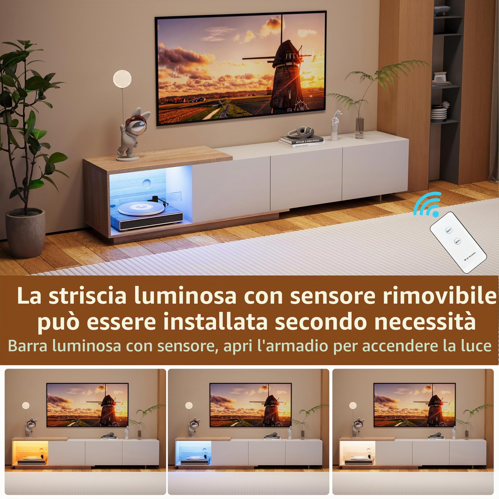 Mobile Porta TV con Luci LED per Televisori fino a 85 Pollici, Moderno Mobile TV Lucido con 3 Cassetti e Ripiani Aperti per Soggiorno Camera da Letto (Bianco+led)