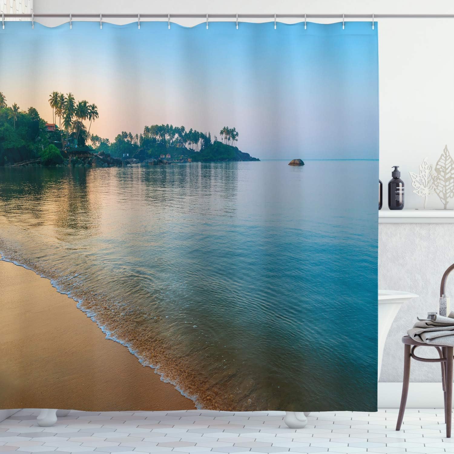 Ambesonne Ocean Shower Curtain, Morning Sun Rays and Palm Trees on The Edge of Summer Beach Relax Calm Theme, Cloth Fabric Bathroom Decor Set with Hooks, 69" W x 70" L, Cream Green