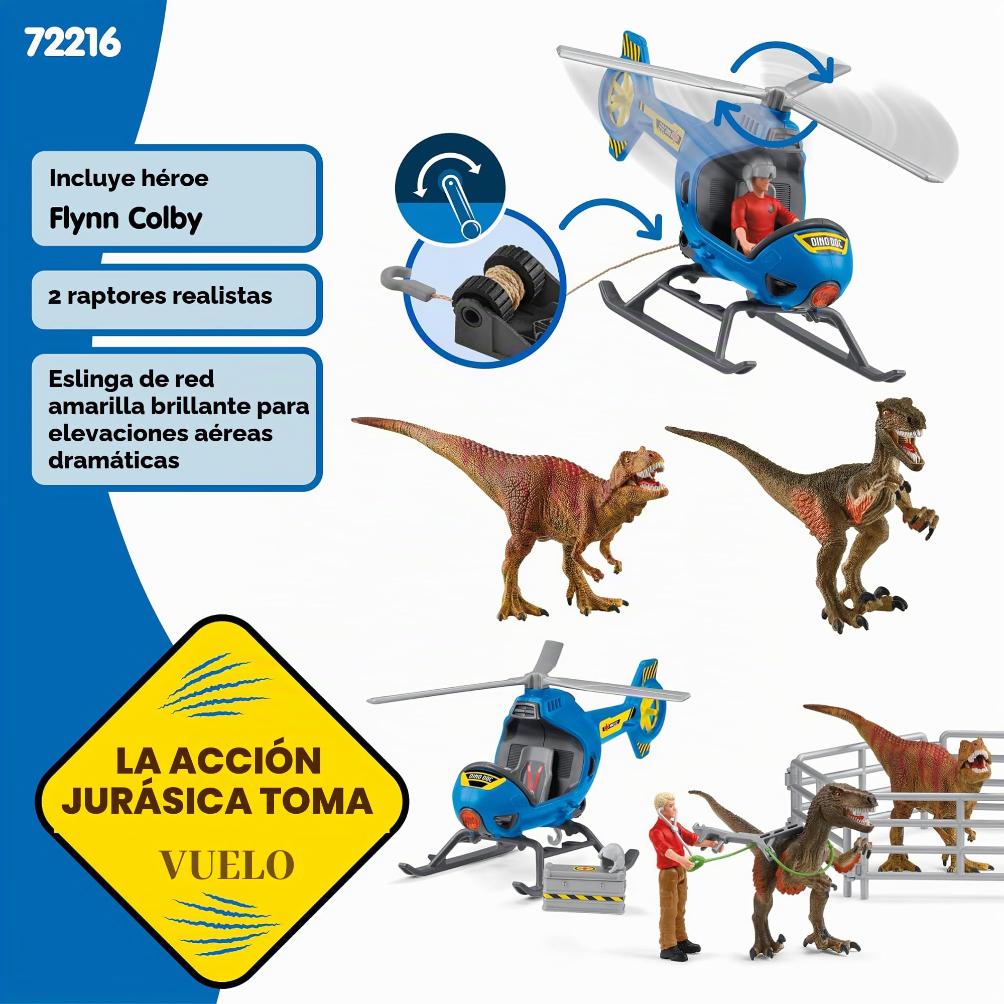 Schleich Dinosaurs | Rescate en helicóptero de Dinosaurios 72216 | Set con helicóptero, Flynn, 2 Dinos & Accesorios | Regalo para niños | Juguete a Partir de 5 años | 28 Piezas | Exclusivo en Amazon | Juego de dinosaurios con helicóptero, Flynn, 2 dinosau