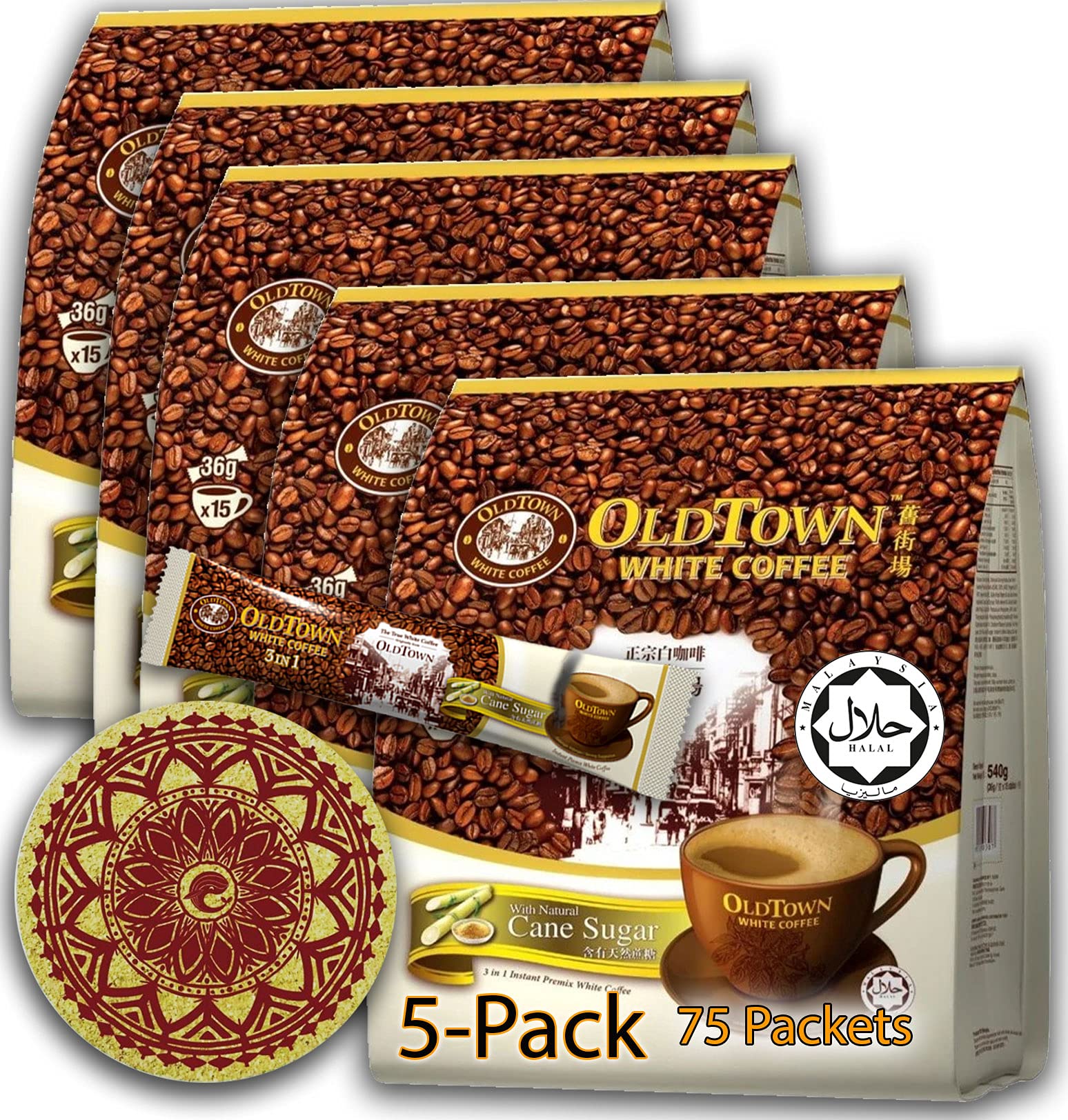 (5-Pack Cane Sugar) OLD TOWN (3 in 1) Cane Sugar White Coffee Asian Instant Coffee Coffee Lover Pack