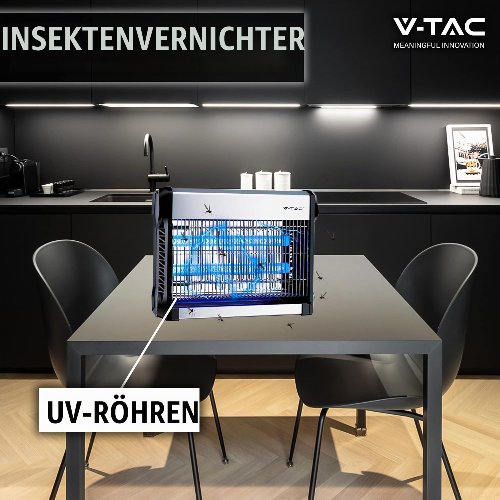 V-TAC Insektenvernichter Elektrischer 20 W mit 80 m² effektiver Fläche – schlankes Design – Moskitonetz mit UV-Blaulicht für den Innen- und Außenbereich – elektrische Falle gegen Mücken und Insekten